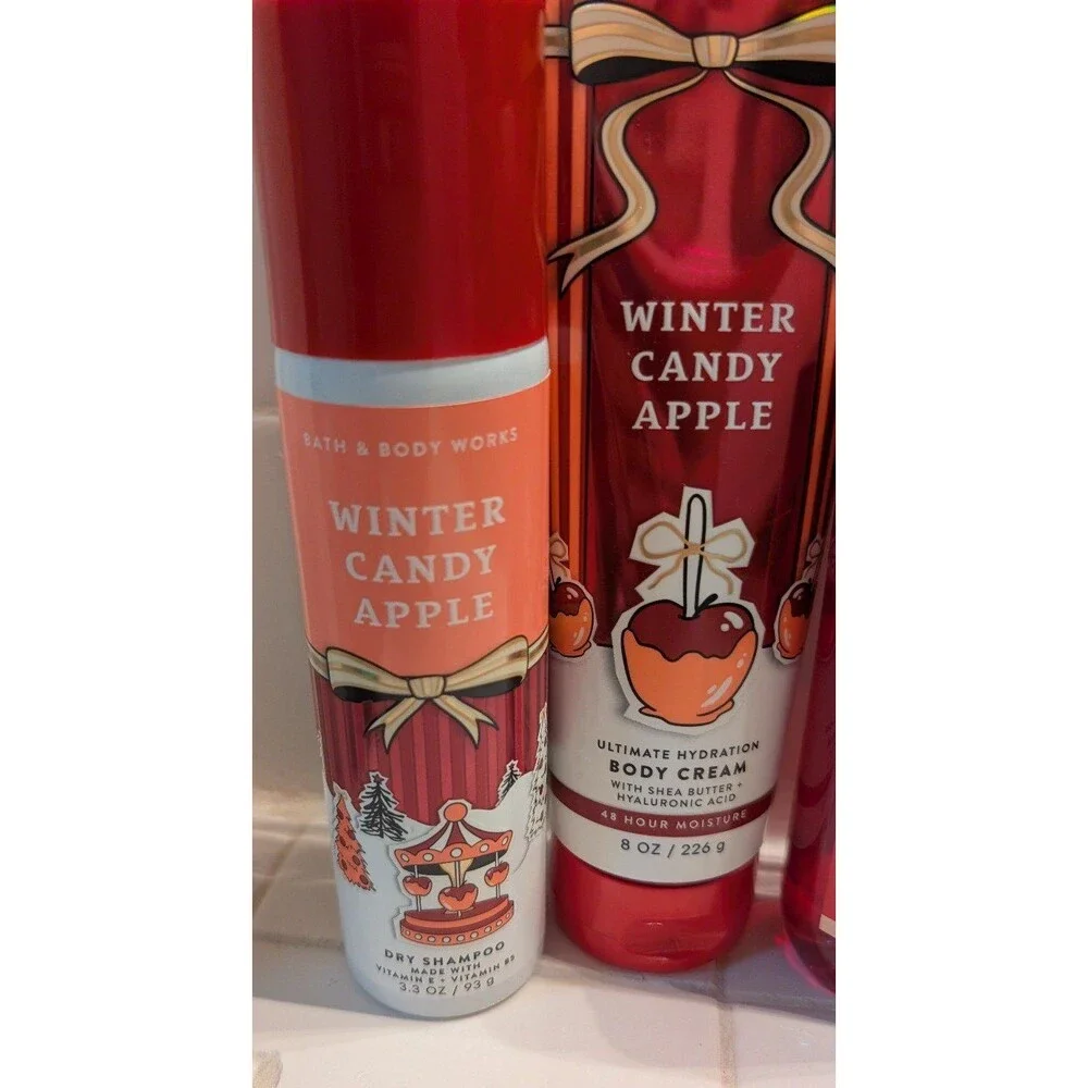 Bath & Body Works Winter Candy Apple 4-Piece Set Cream Wash Dry Shampoo NWT